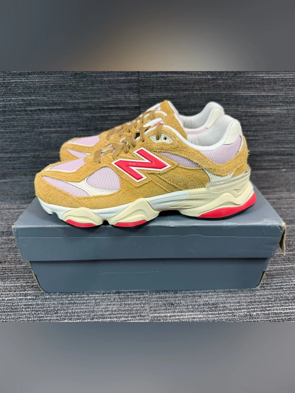New Balance 9060 ‘Great Plains True Red’ Suede Sneakers Beige Pink Kids Size 7